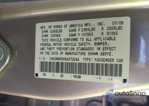 2006 Honda Accord Sdn Ex-L V6 from USA, damaged, VIN 1HGCM665X6A072044